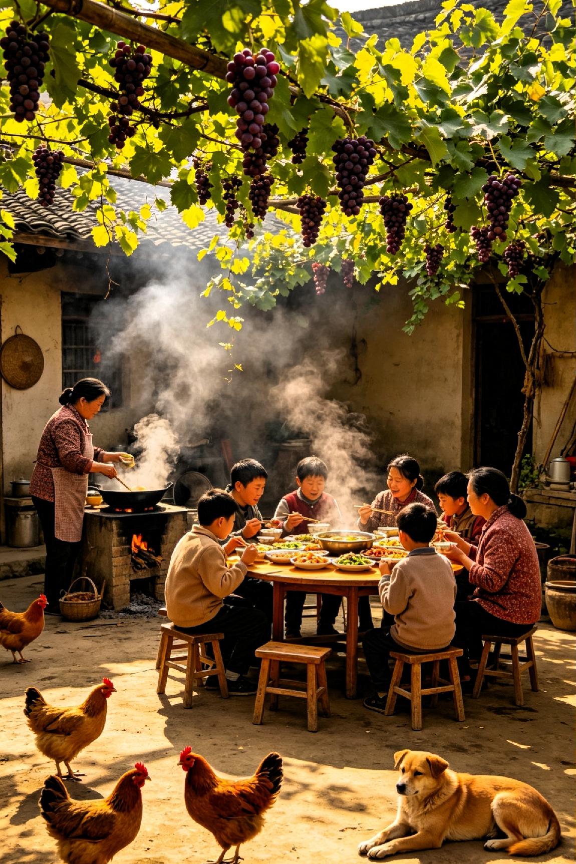 《阖家欢乐》

 
葡萄覆院蔽晴光，鸡犬闲游绕矮墙。

灶火升腾烹美味，圆桌围坐