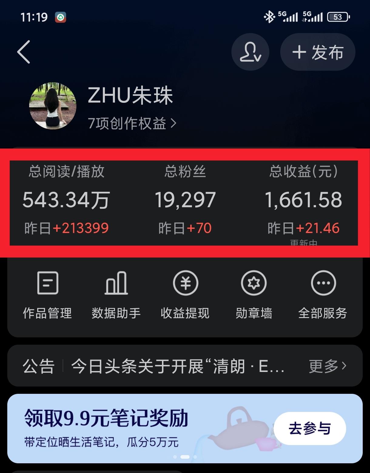 昨天收益出来了，21块4毛钱💰
阅读播放量21万，相当于1万阅读播放量就1块钱