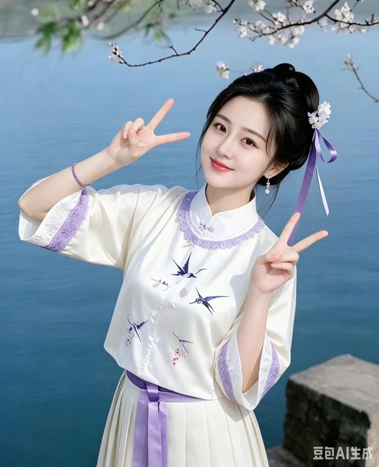 古风少女湖畔比V，春日花枝招展🌸💕