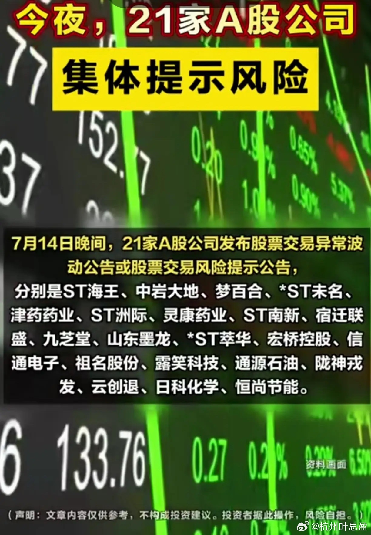 深夜重磅预警！21家A股扎堆发风险公告，两类个股务必避开！7月14日晚间数十家上