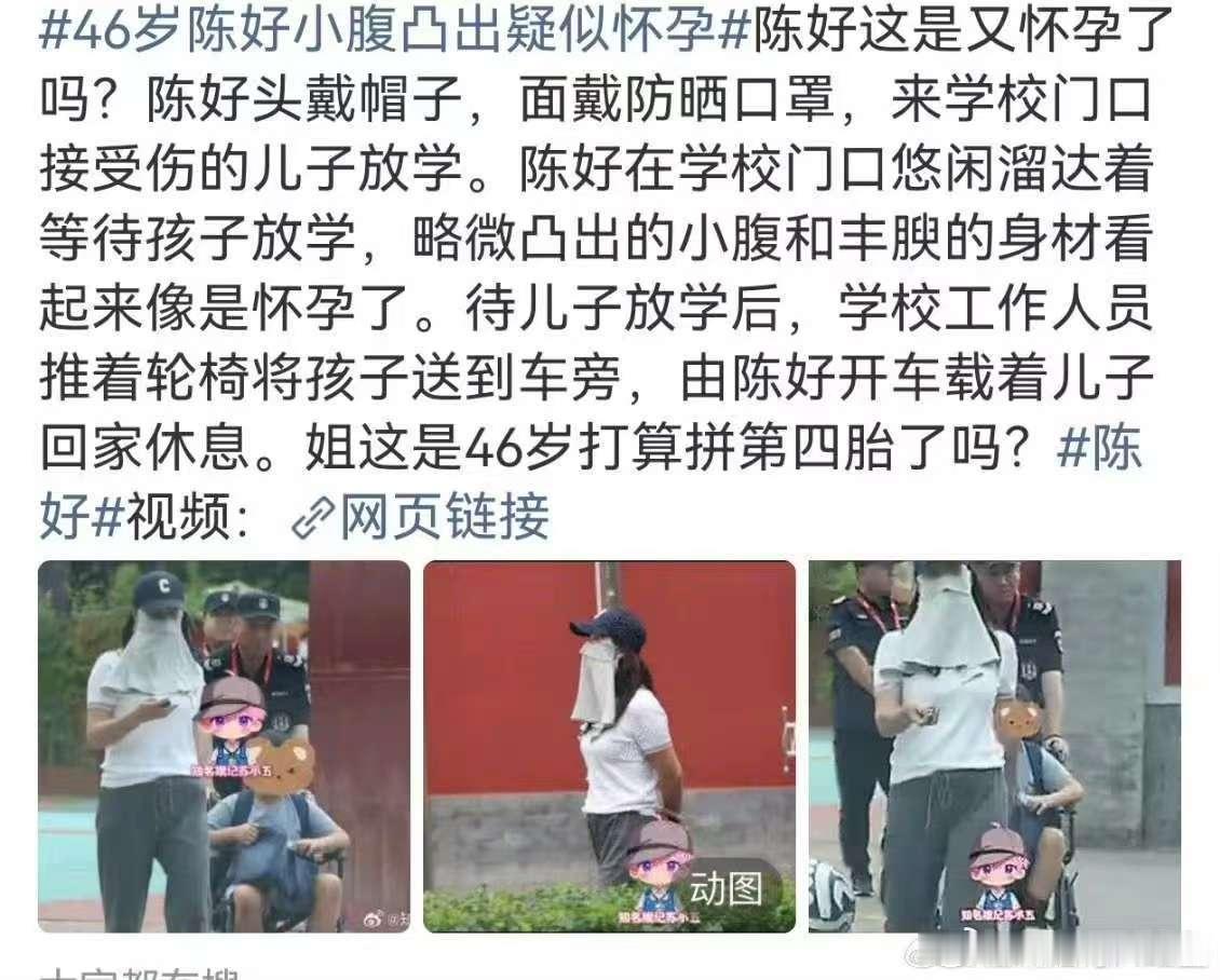曝陈好疑似怀孕曝46岁陈好疑似怀孕低调多年的陈好被拍小腹突出，日常接娃画面流出，