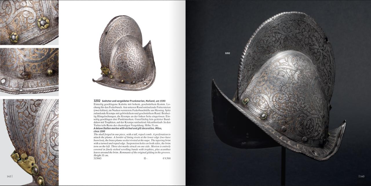 蚀刻鎏金华丽莫里恩盔（或可称之为脊盔），米兰，约1590年
盔顶一体锻打，配有高