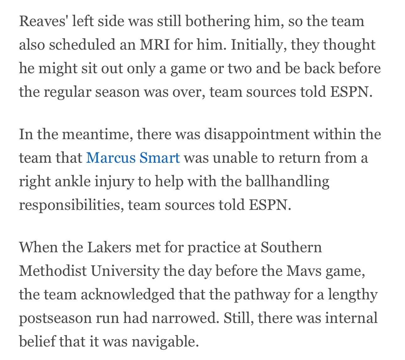 湖记Dave在昨天的长文中提到：里夫斯的身体左侧仍有不适，因此球队也为他安排了核