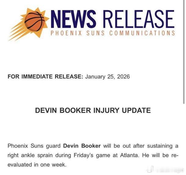 太阳官宣，布克遭遇右脚踝扭伤，一周后重新评估，太阳目前27胜18负，排名西部第六