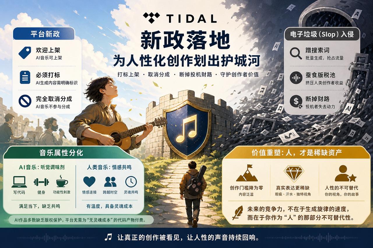 【Tidal给AI音乐断粮：允许存在，拒绝买单】

Tidal最近更新了AI音乐