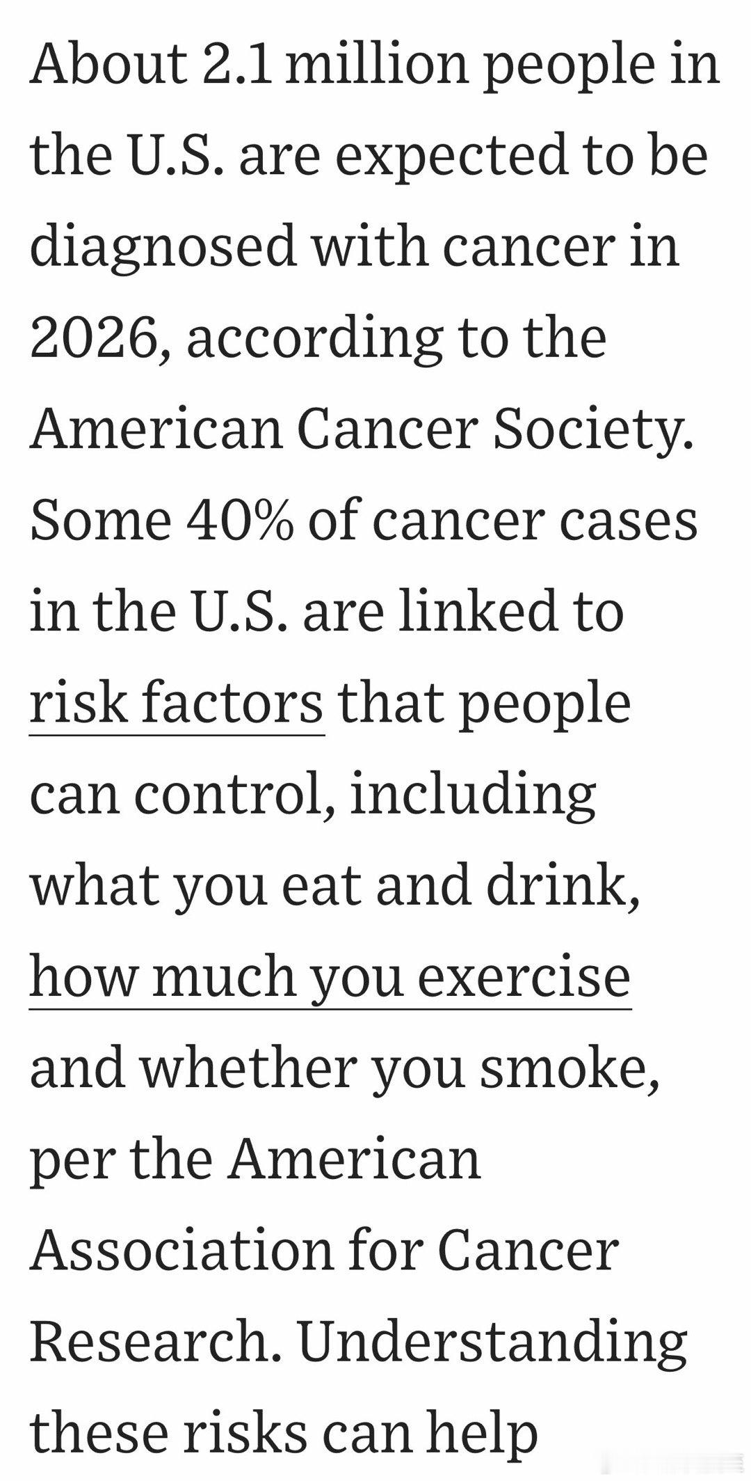 美国癌症学会：今年预计确诊两百万，其中40%由可控因素造成，例如饮食、锻炼、吸烟