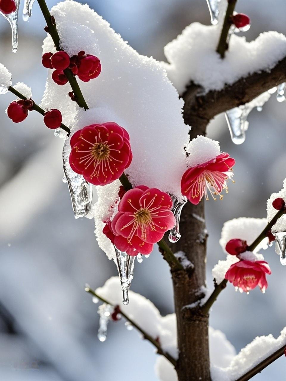 AI妙生图点点红梅映冬雪。
