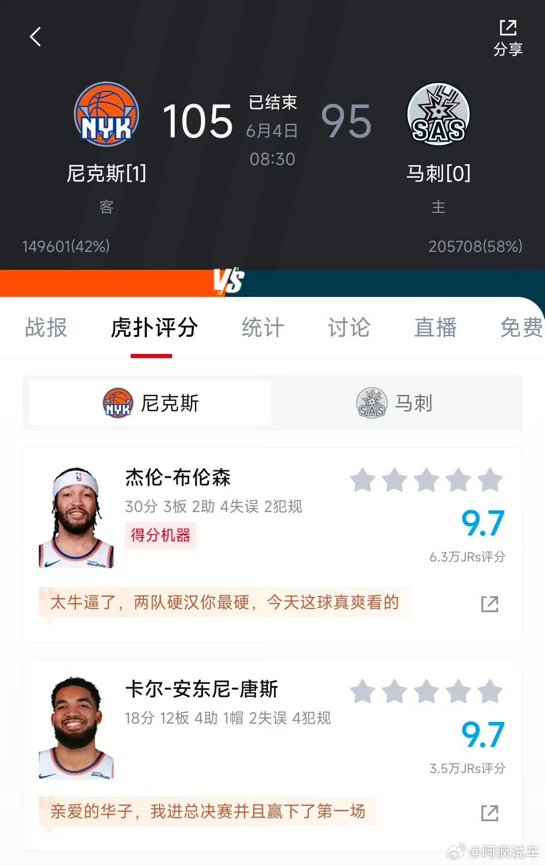 尼克斯vs马刺第一场落下帷幕，没想到大头这么硬，最后的关键得分直接锁定了胜局。这