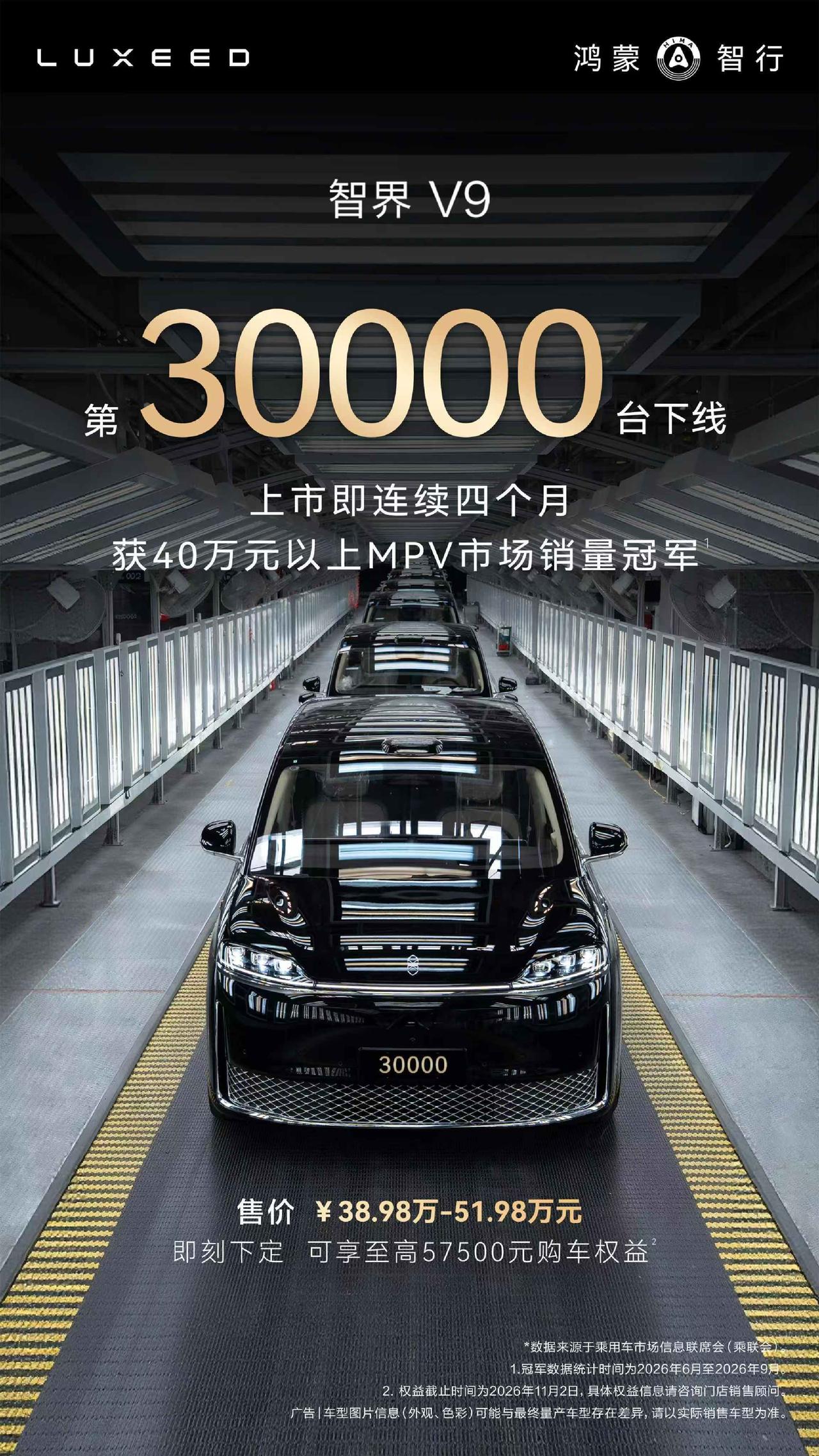 近日，鸿蒙智行旗下首款旗舰MPV智界V9迎来第30000台整车下线。自上市以来，