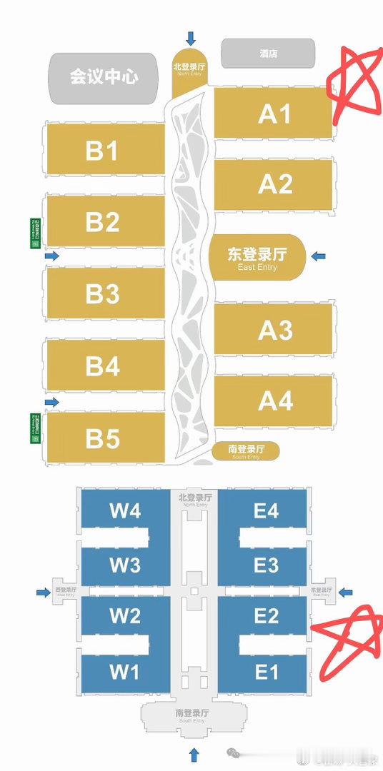 今年北京车展的展馆又扩了一倍多（黄色区域），不是中心扩散的增加，而是南北拉长了一