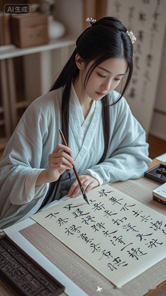 沉静的午后，古风少女挥毫泼墨，书写诗意人生。