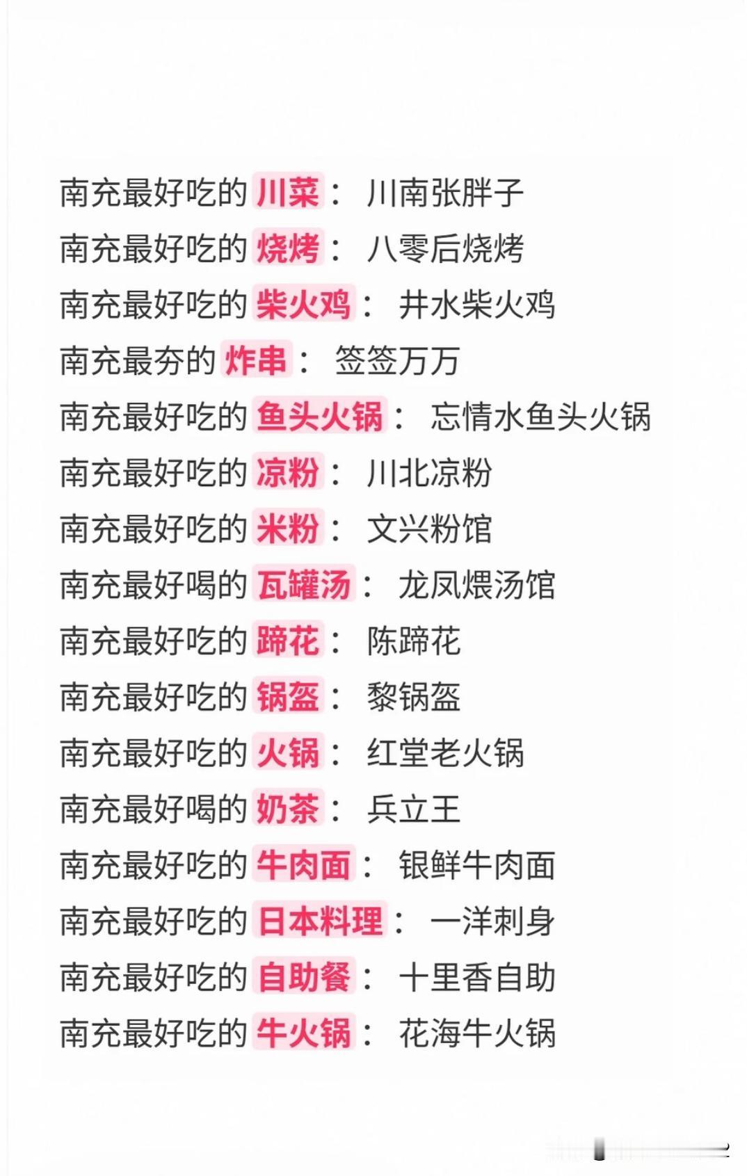 在网上看到南充美食的这个统计表，土著南充看了有点摇脑壳。只能说可推荐，但是“最”