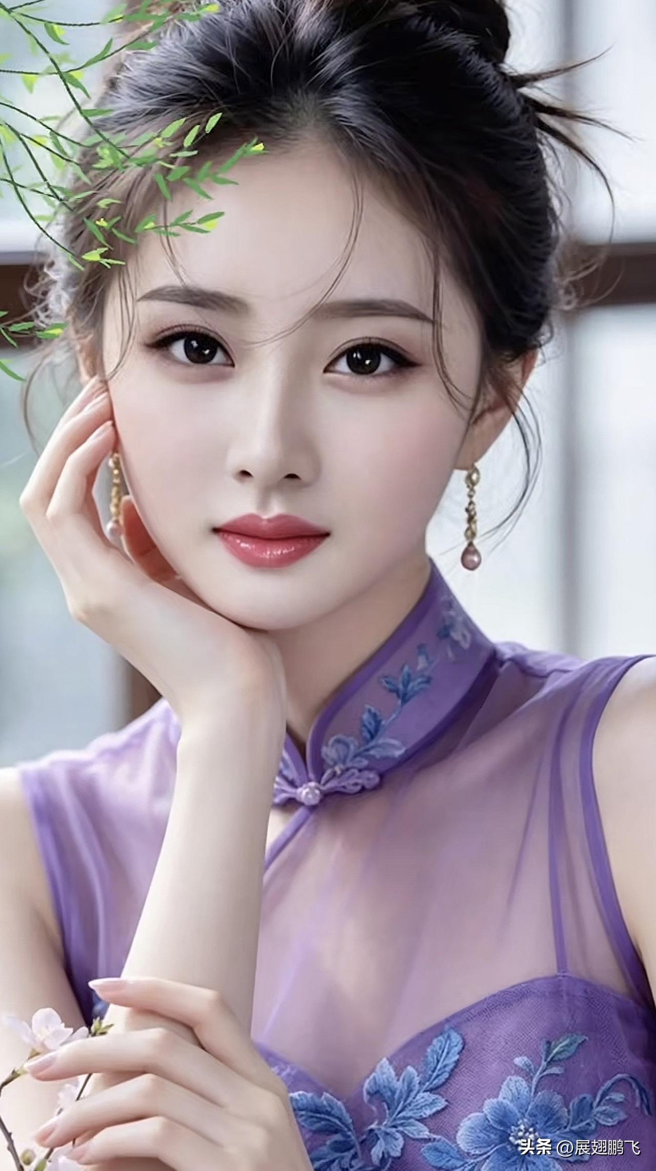 温婉优雅的东方美人，紫色旗袍尽显古典韵味。紫玉蓝旗袍写真 粉红旗袍写真 紫旗袍写