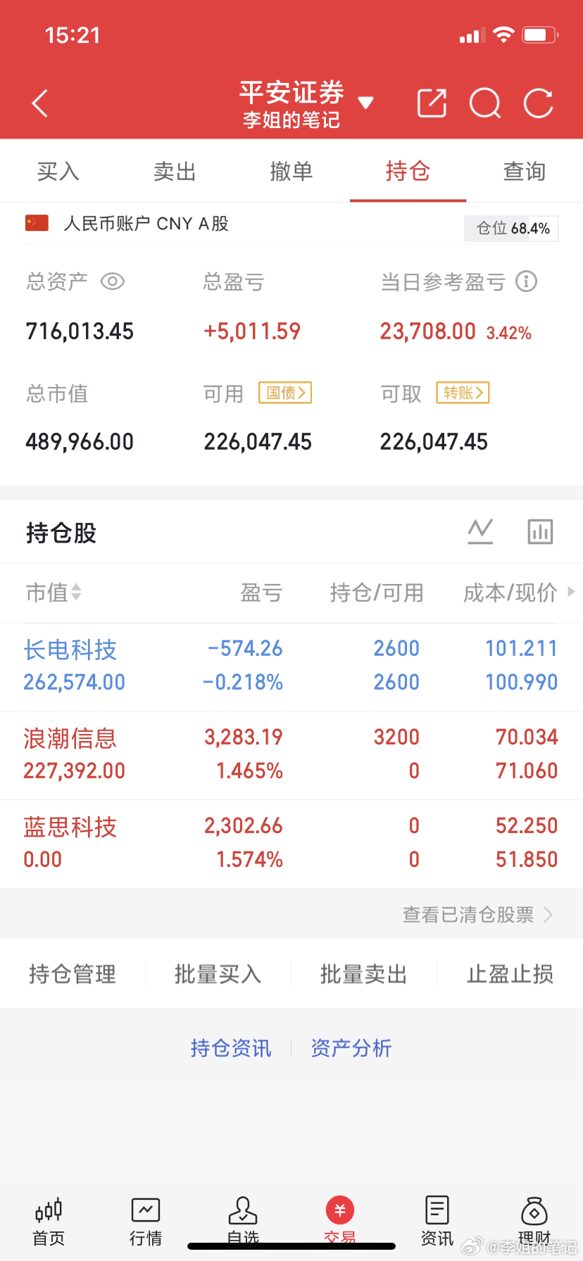 进：000977（浪潮信息）持：600584（长电科技）出：300433（蓝思科