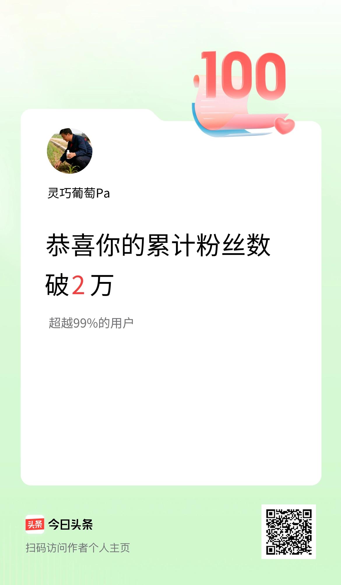 我在头条累计粉丝数破2万啦！