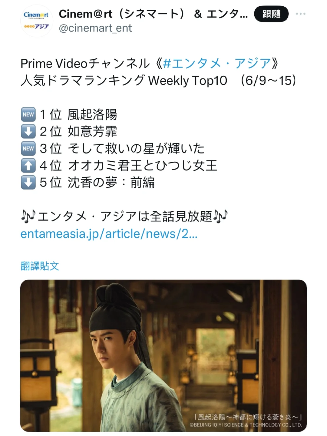 Prime視頻周排行榜第一名：《風起洛陽》🆕🥇📺