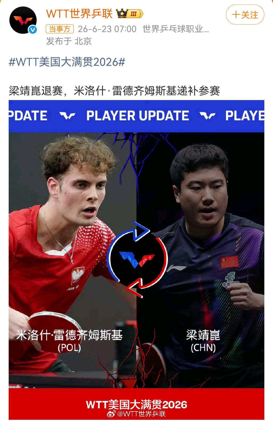 梁靖崑退赛美国大满贯，

恶心的一幕出现了。

WTT世界乒联6月23号发文，梁