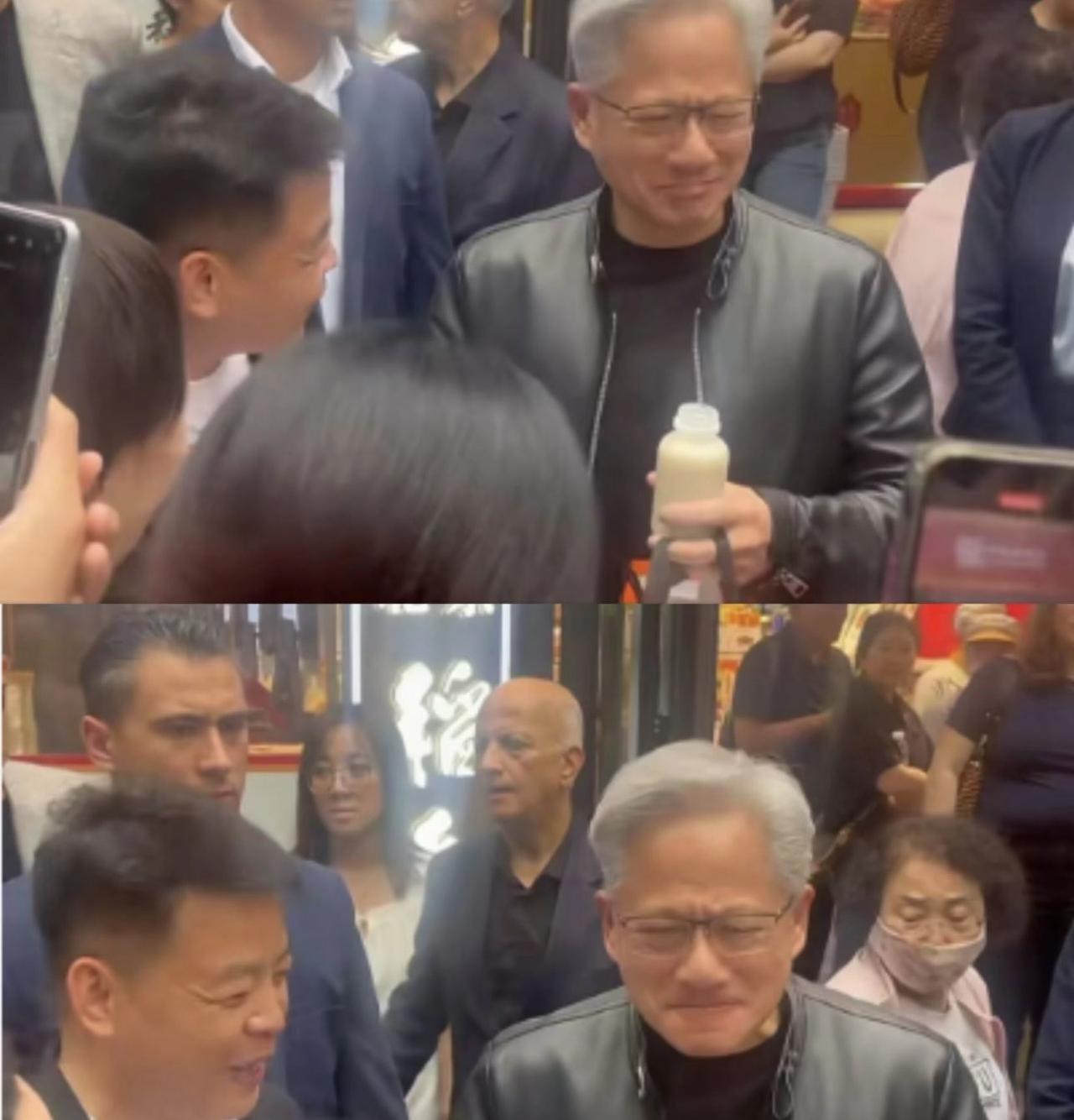 路人给黄仁勋投喂老北京豆汁儿，结果一喝一个不吱声。路人太坏了，都看着他笑。[捂脸