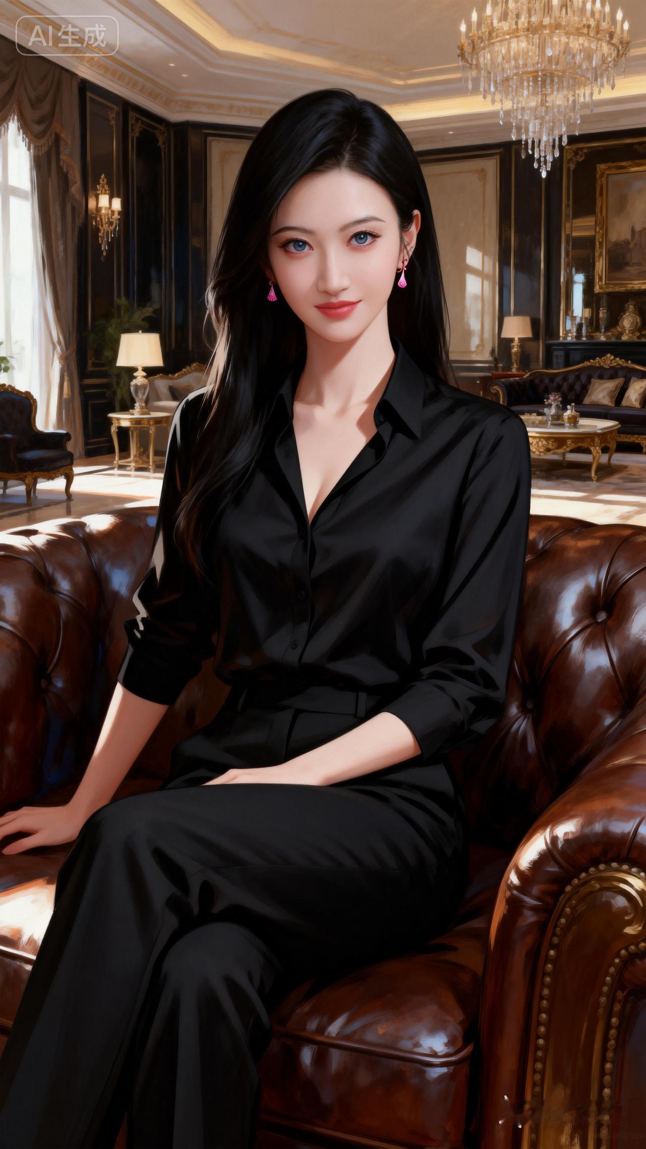 优雅黑衣女郎，坐于奢华客厅，尽显都市女性魅力。