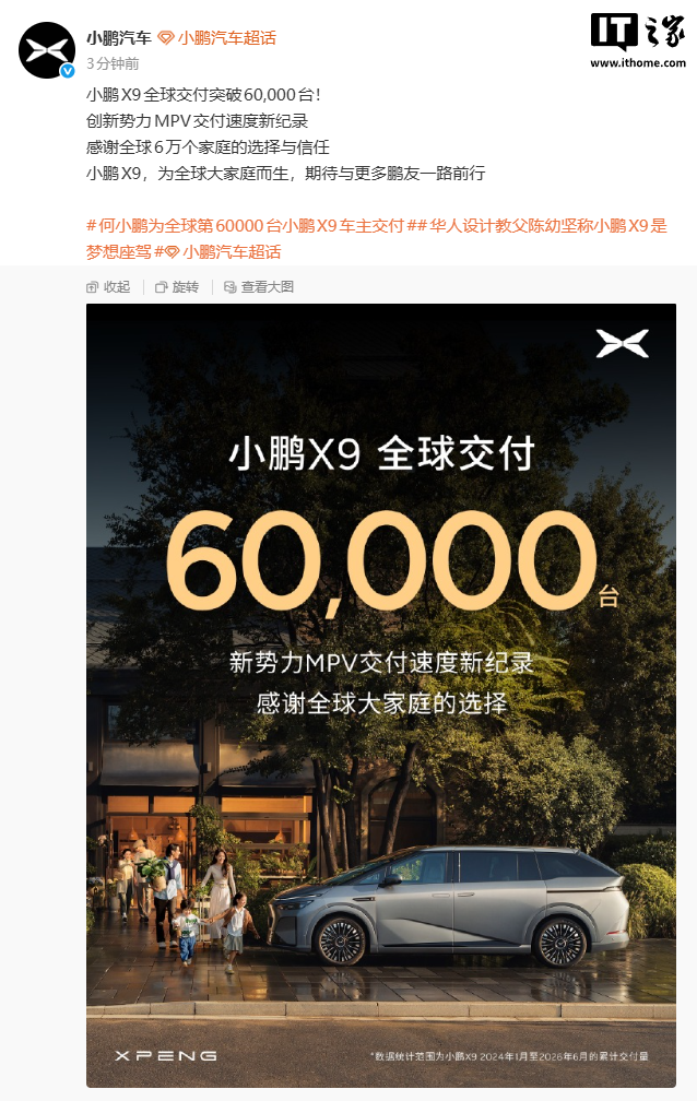 小鹏 X9 交付突破 6 万台，创新势力 MPV 交付速度新