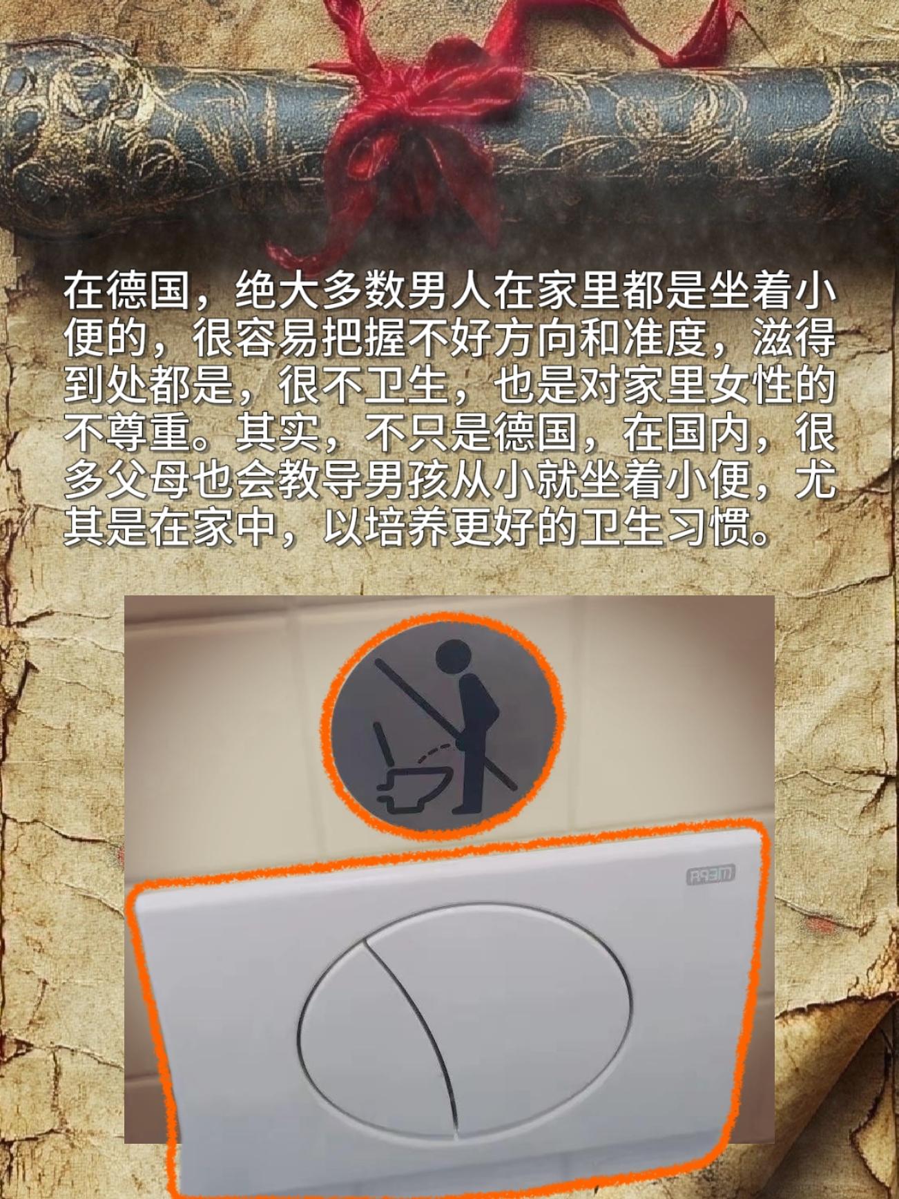 在德国，绝大多数男人在家里都是坐着小便的，很容易把握不好方向和准度，滋...