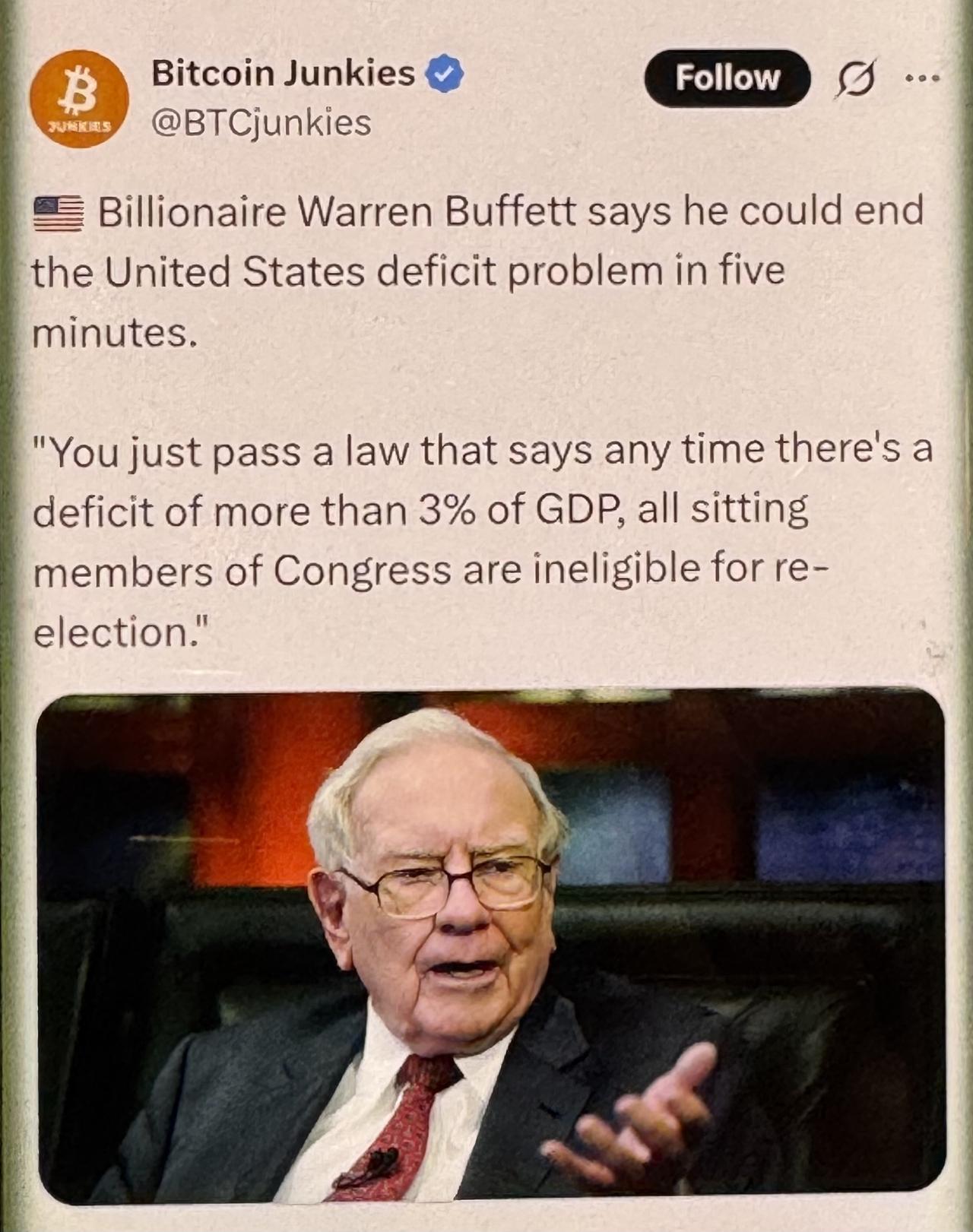 突发！巴菲特重磅发声！

亿万富翁沃伦·巴菲特说，他可以在五分钟内解决美国的赤字