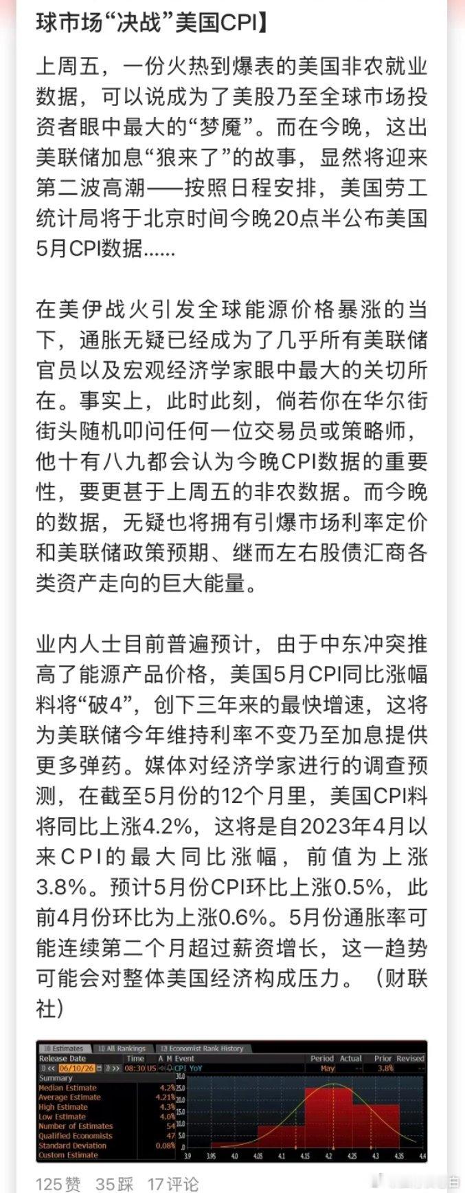 本周美股面临三方面利空：今晚将公布CPI数据、明日世界杯开幕、后天SpaceX启