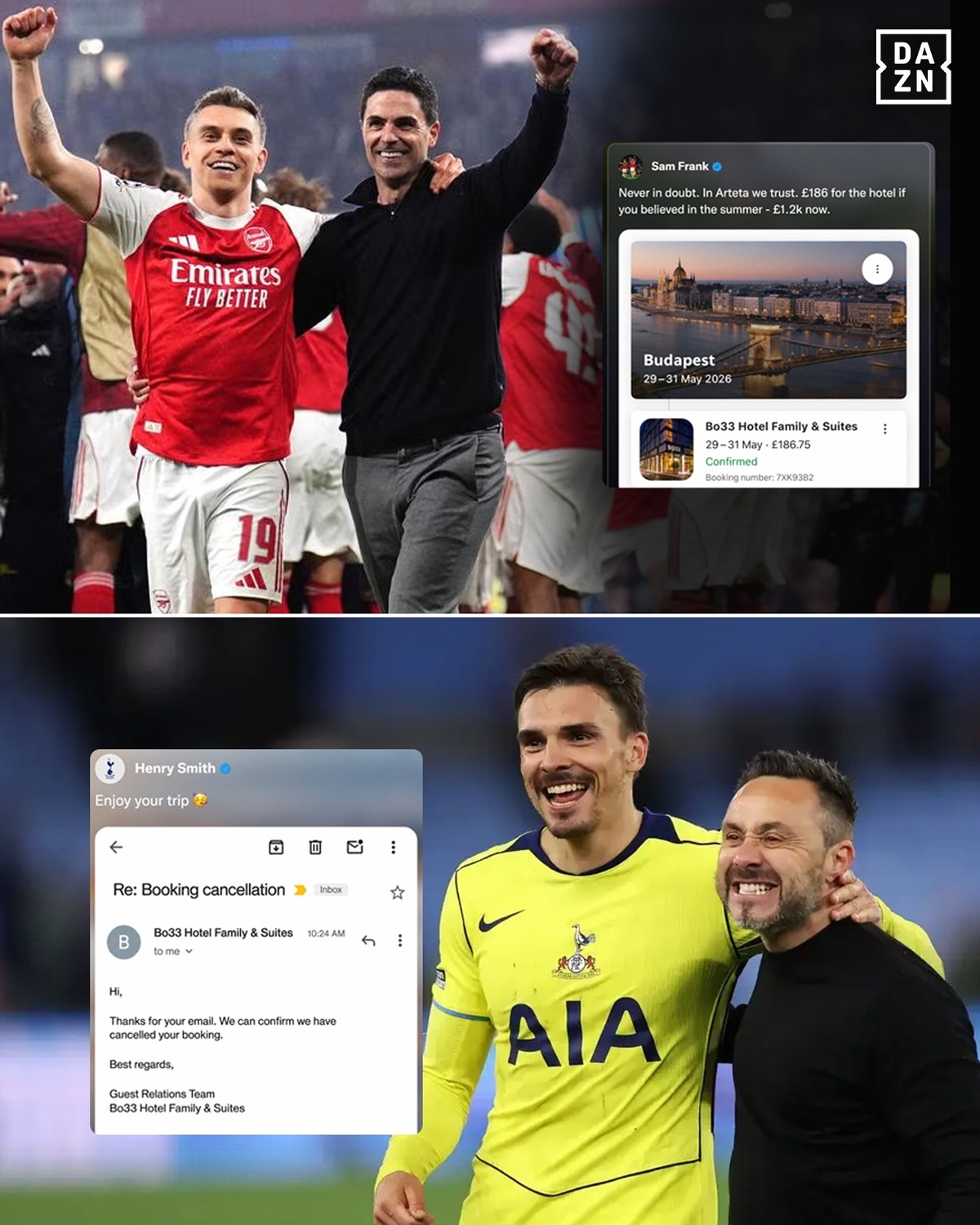 DAZN：一阿森纳球迷晒低价欧冠决赛酒店订单 惨遭热刺球迷退房
