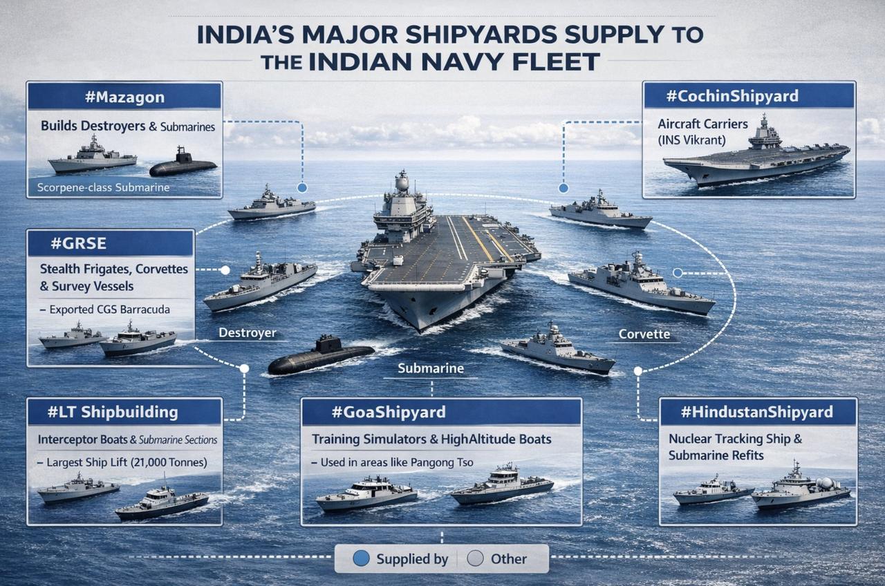 印度海军六大船厂及其业务版图

科钦船厂以“维克兰特”号航母为代表，是印度航母国