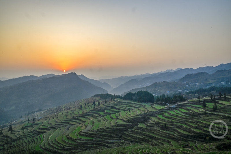 金轮碾翠千层埂，晨雾裁霞万道田