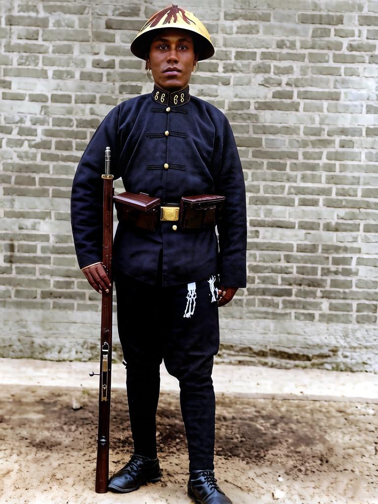 1903年，一名持枪站岗的巡捕，穿着领口有数字的盘扣制服，腰间别着子弹盒，手持长