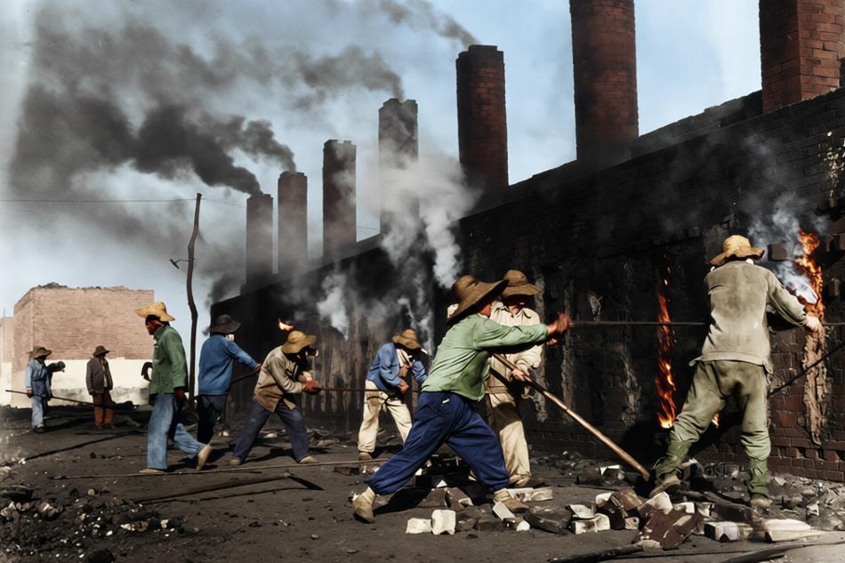 1958年，大跃进时期，全民大炼钢铁运动中的工人在土法炼钢。
照片中，一群戴着草