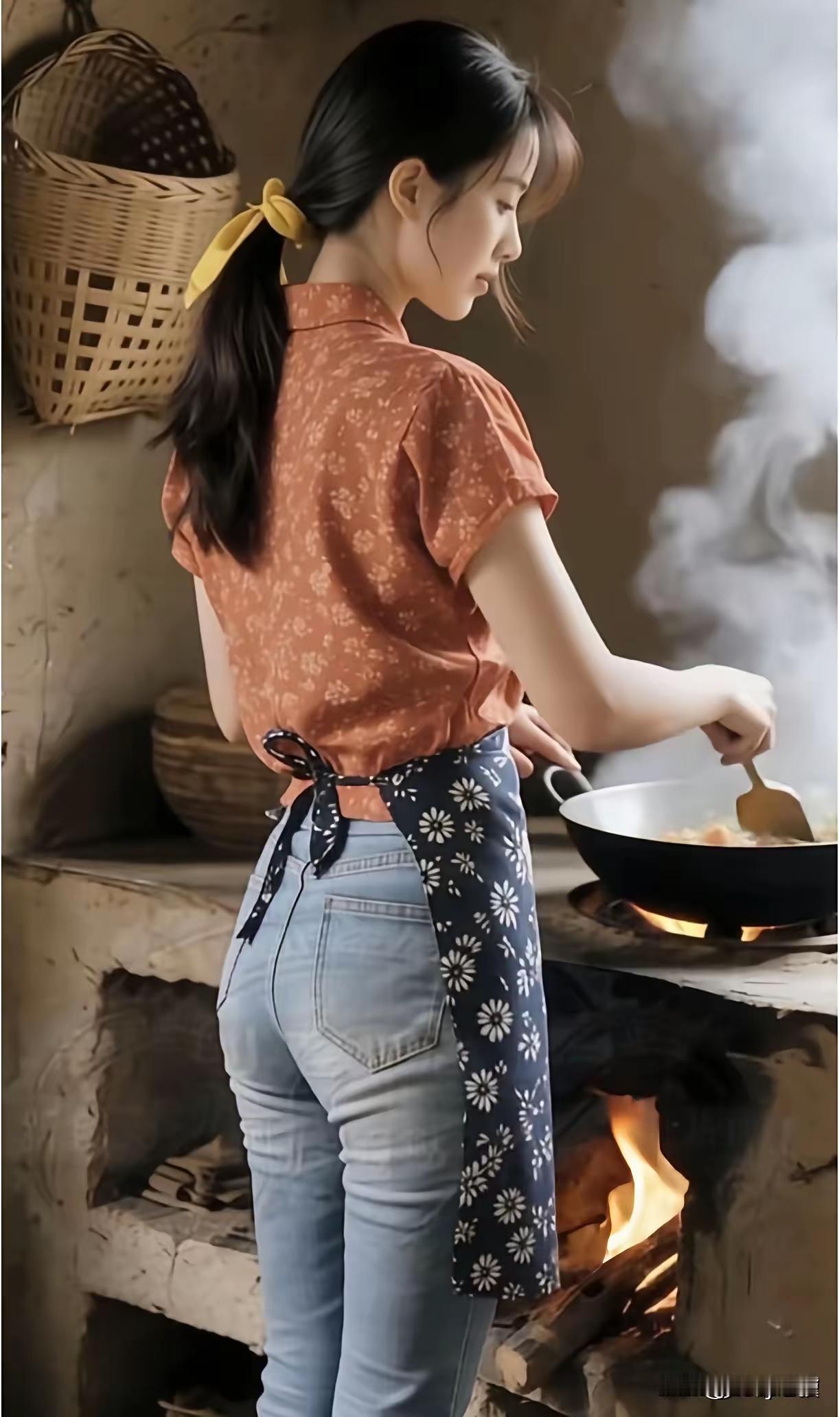 少女在柴火灶前烹饪，散发着浓浓的生活气息。