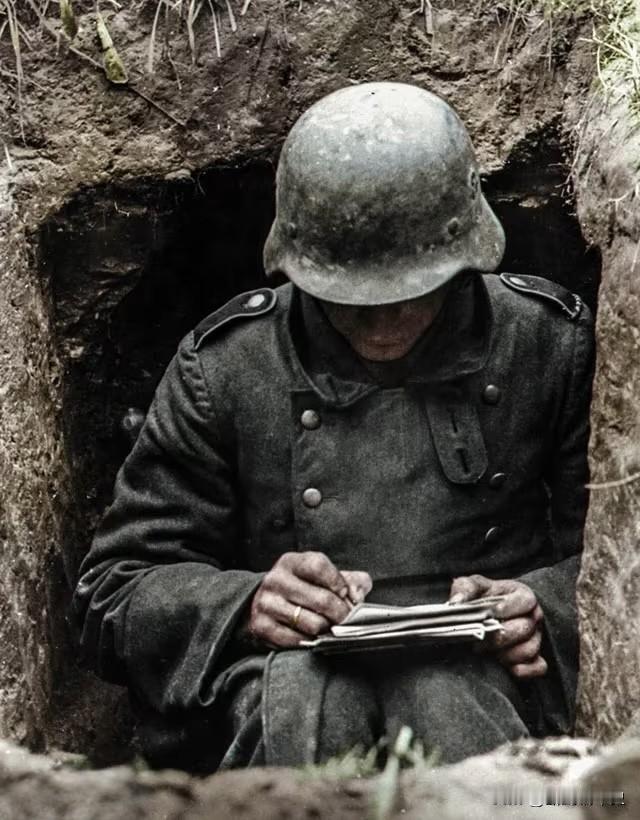 1941年，东线战场，一名德国国防军士兵，蜷缩在前线战壕的简易掩体中，正低头专注