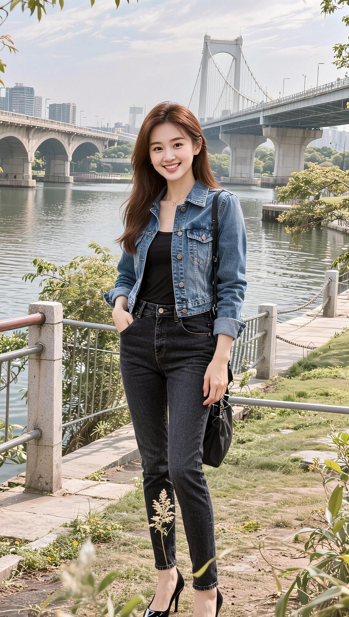 河畔生活照 抖音ai创作 紧身牛仔裤 爱拍照爱生活