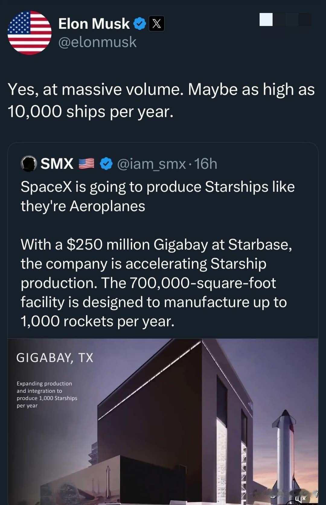 马斯克于在X平台宣称：未来星舰的年产量有希望达到一万台。

每年生产一万台究竟意