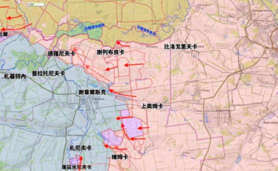 谢韦尔斯克被俄军不断推推推，挡不住啊，已经是坐困孤城。
乌军如今在谢韦尔斯克、红