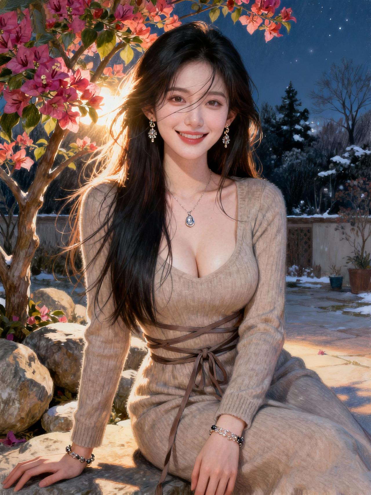 《晚樱雪遇》
 
晚樱摇落金芒屑，寒雪偷藏月下阶。
风挽青丝缠暖玉，一笑惊融半岭