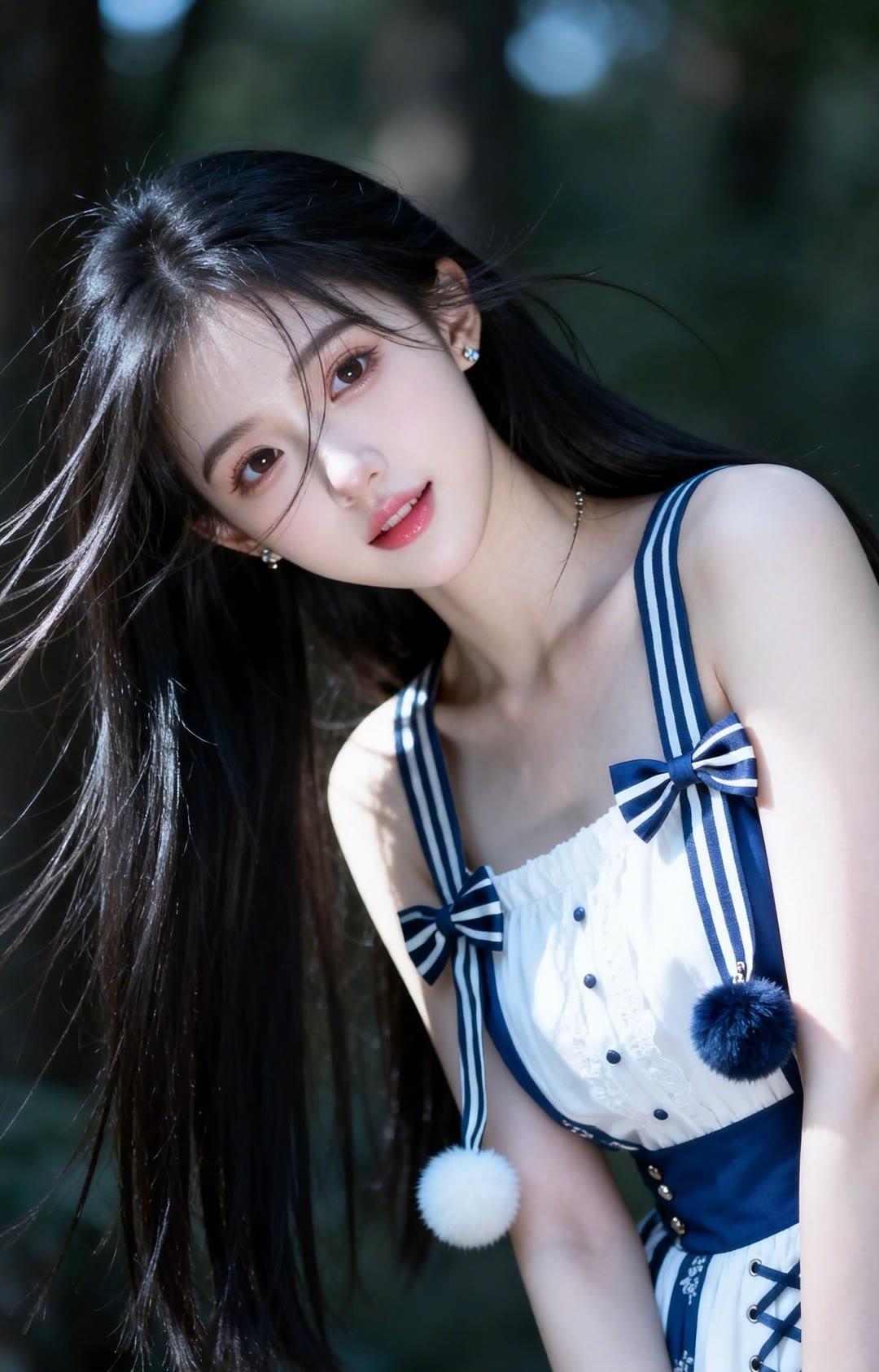 甜美少女风，蓝白条纹连衣裙，森林中拍照，清新自然