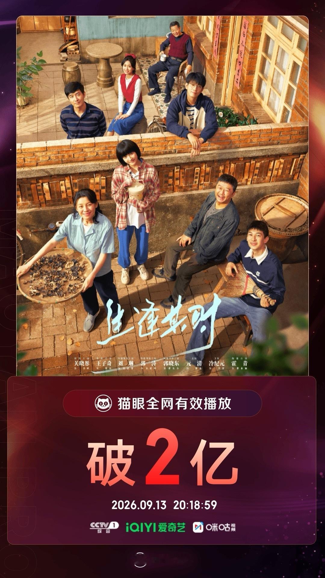 生逢其时[超话]生逢其时有效播放量破2亿  据猫眼专业版数据显示，王子奇关晓彤（