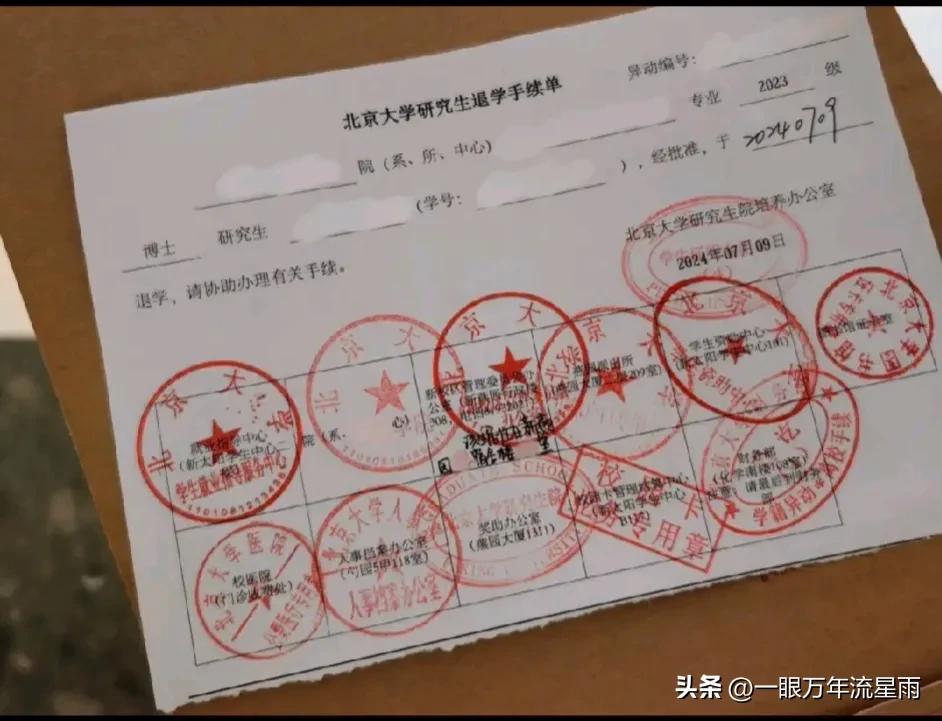 北京大学研究生退学手续单上密密麻麻盖了一连串红色的章子。
数了数，整整十二个章子