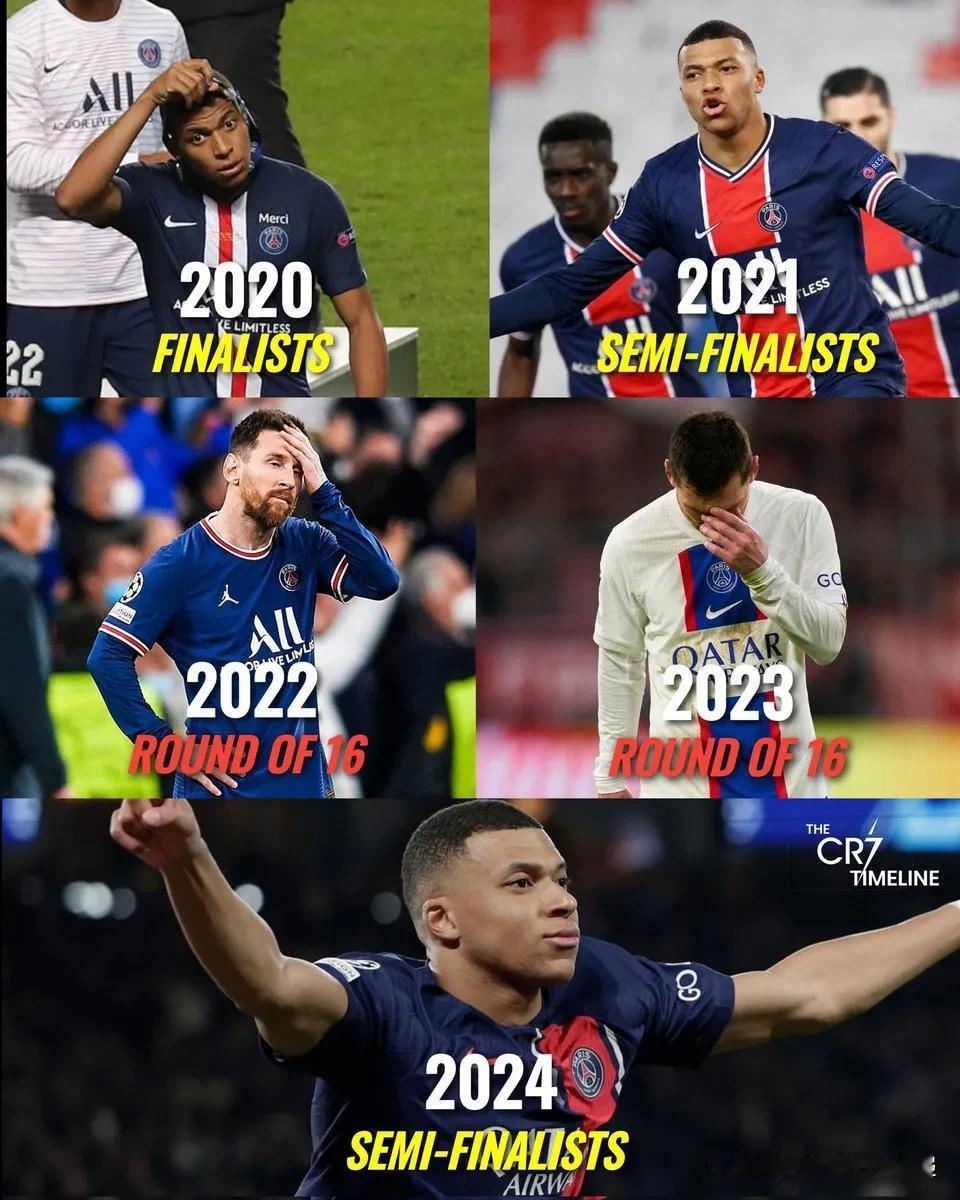 梅西之前的巴黎圣日耳曼：
2020年：进入欧冠决赛
2021年：进入欧冠半决赛
