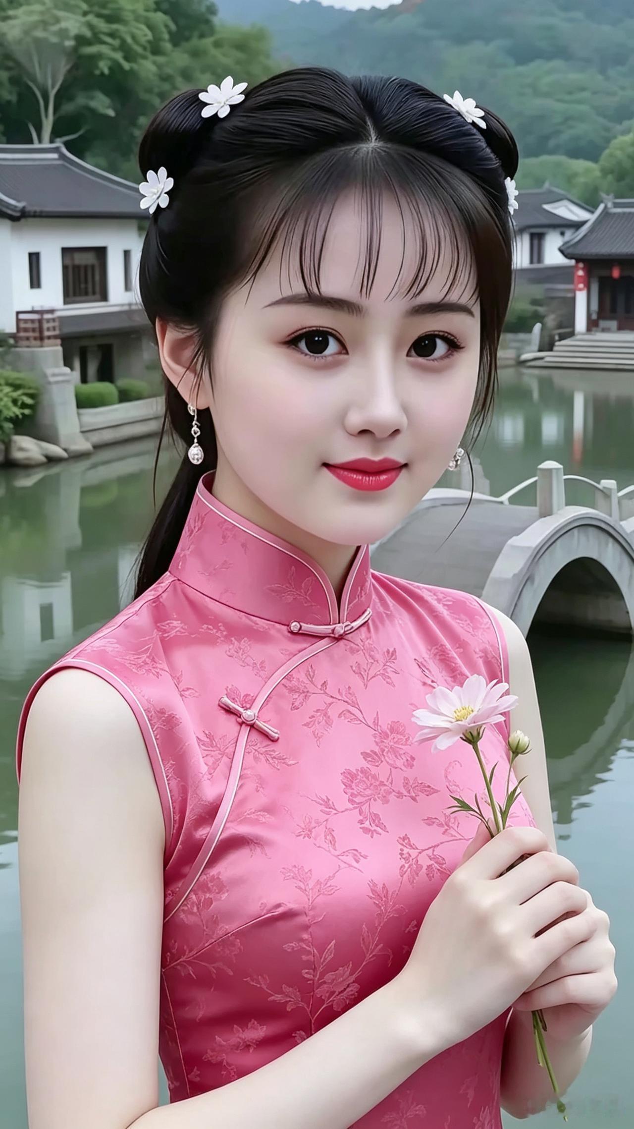 粉旗袍映衬着江南碧水，
双发髻别着小白花蕊。
手中轻捏着一枝花朵，
眉眼弯弯露出