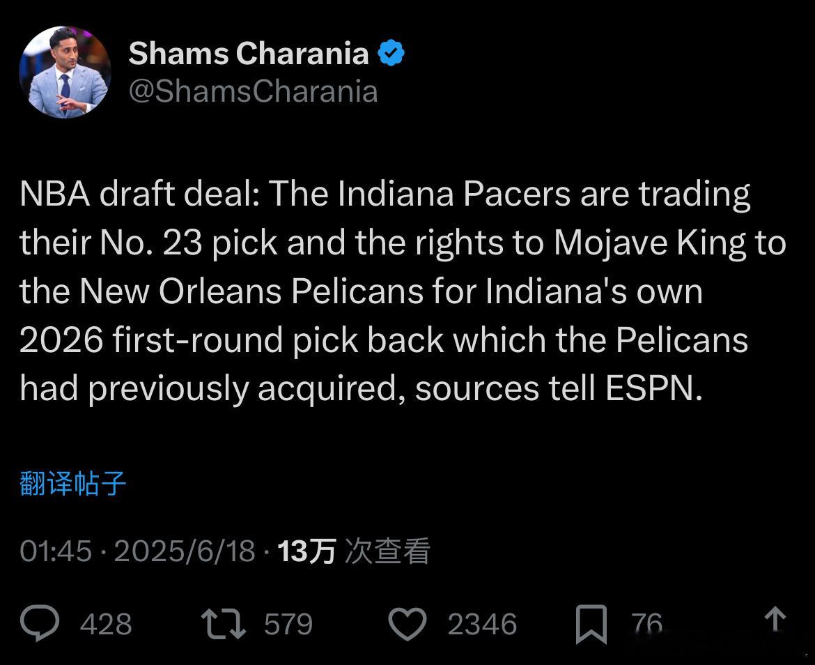 Shams：步行者将23号签以及Mojave King的签约权交易到鹈鹕换回自己
