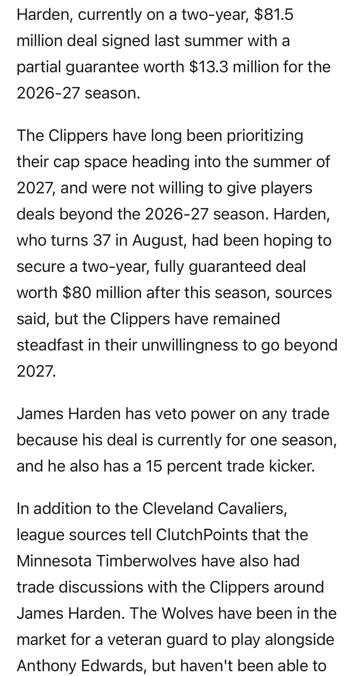 哈登续约问题导致双方寻求交易，快船记者Tomer Azarly：骑士方面明确表示