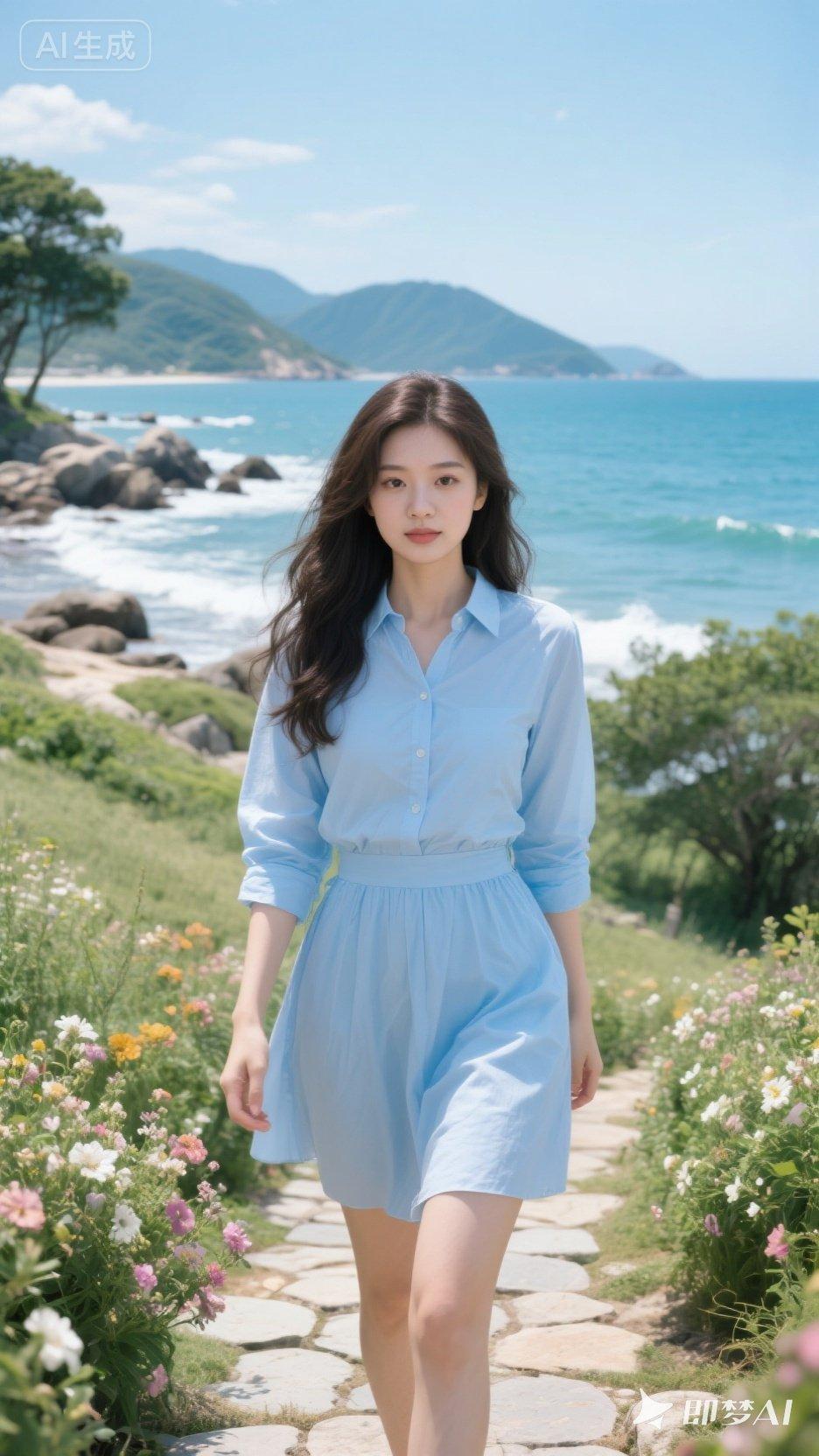 海边漫步，蓝裙飘飘，感受海风轻拂的美好时光。