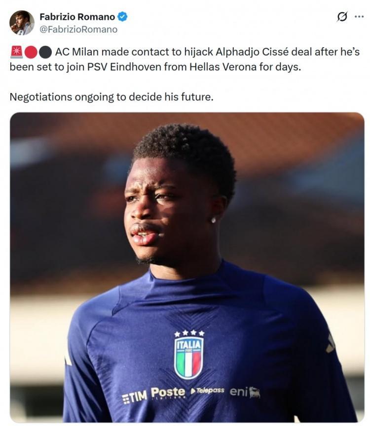 罗马诺：米兰尝试从埃因霍温手中截胡维罗纳中场A·西塞足球 1月30日讯 据知名记