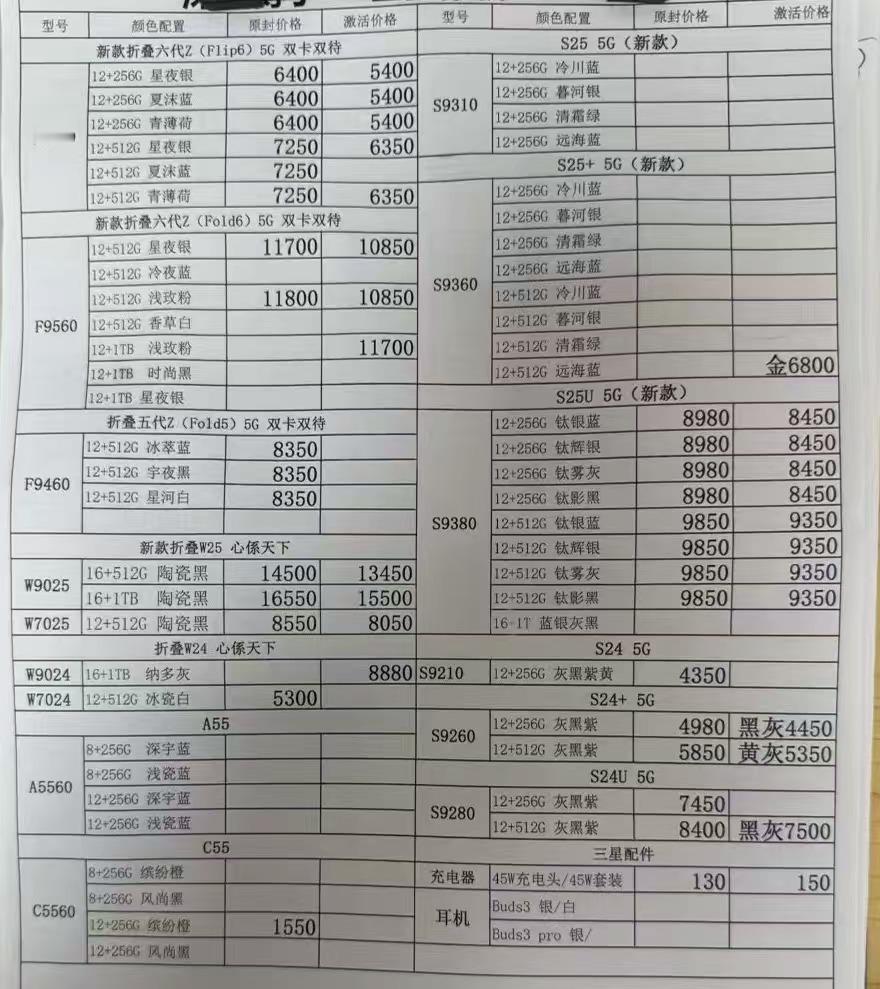 最新国行三星手机系列价格更新，S25U的价格稳定中 