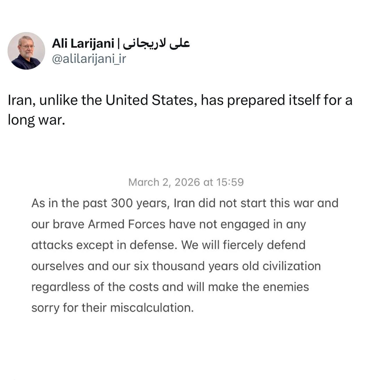 新闻快讯—— 伊朗最高国家安全委员会秘书阿里·拉里贾尼发声，称伊朗已为长期战争做