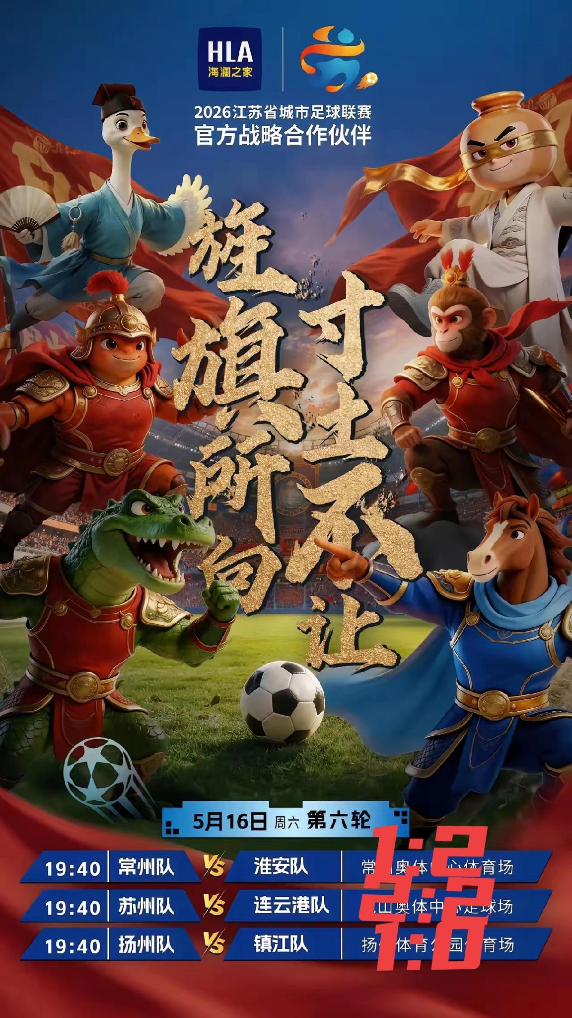 苏超今晚第六周三场球，常州对一比二淮安，苏州二比二连云港，扬州一比零镇江。

常